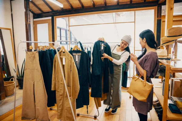 A imagem mostra duas mulheres em uma loja. Enquanto a vendedora segura uma roupa para exposição a outra olha para o modelo com uma bolsa no braço