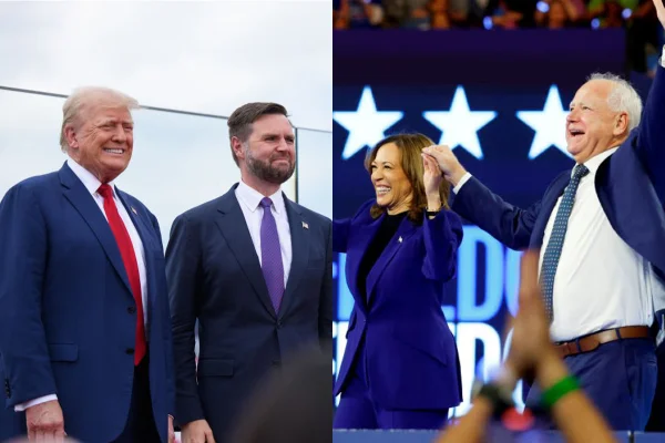 Imagem colorida de Kamala Harris, Tim Walz, Donald Trump e J. D. Vance - Metrópoles