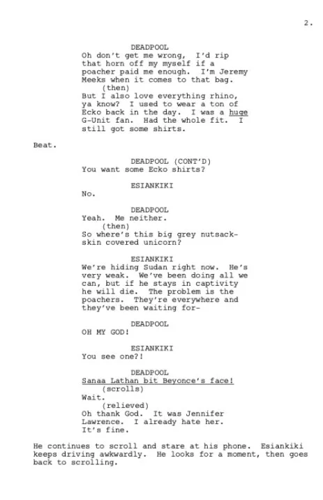 Em meio à conversa, Deadpool se distrai com uma notícia no telefone sobre como "Beyoncé levou uma mordida na cara de Sanaa Lathan" até descobrir que na verdade a mordedora foi Jennifer Lawrence. Ele então diz: "Ah, tudo bem. Já odeio ela" Em meio à conversa, Deadpool se distrai com uma notícia no telefone sobre como "Beyoncé levou uma mordida na cara de Sanaa Lathan" até descobrir que na verdade a mordedora foi Jennifer Lawrence. Ele então diz: "Ah, tudo bem. Já odeio ela"