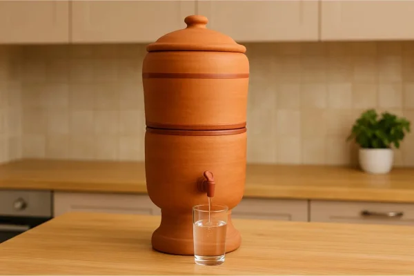 Filtro de barro com copo d'água cheio