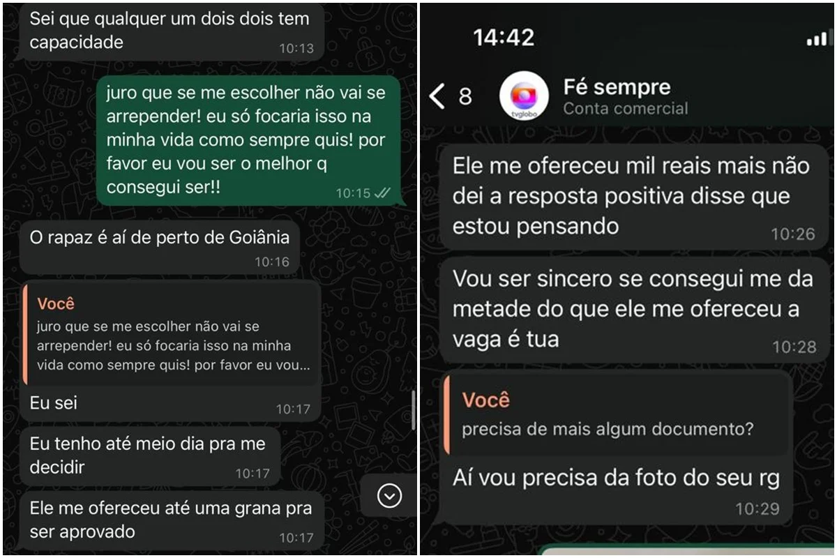 Prints da conversa entre o ator e o golpista Prints da conversa entre o ator e o golpista