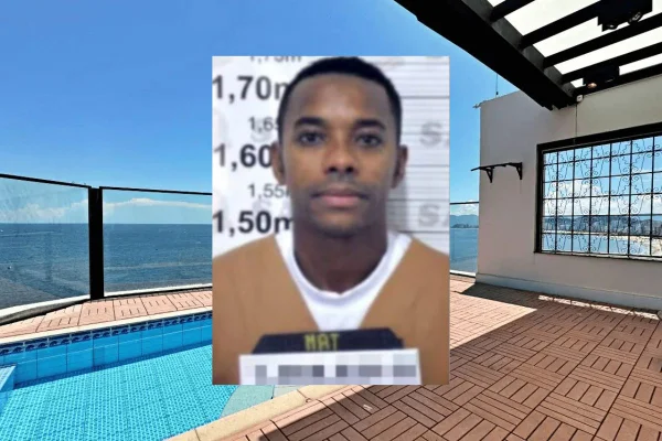 Imagens sobrepostas de casa de Robinho à venda e do ex-jogador em penitenciária. - Metrópoles