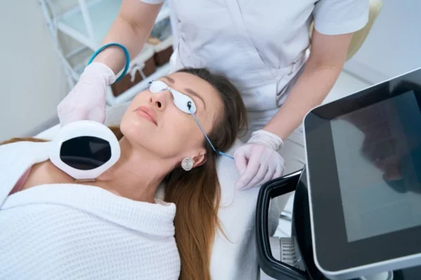 Uma mulher deitada de roupão branco com proteção nos olhos fazendo tratamento estético facial