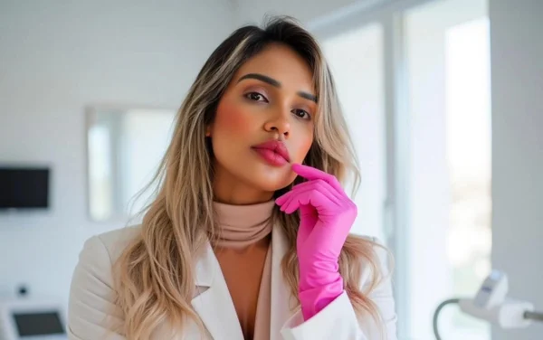 mulher loira de luvas rosas
