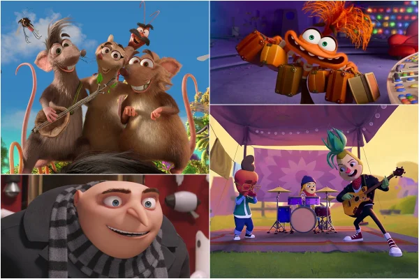 Montagem de fotos dos filmes (em cima) Arca de Noé e Divertida Mente 2; (embaixo) Meu Malvado Favorito 4 e Abá e Sua Banda