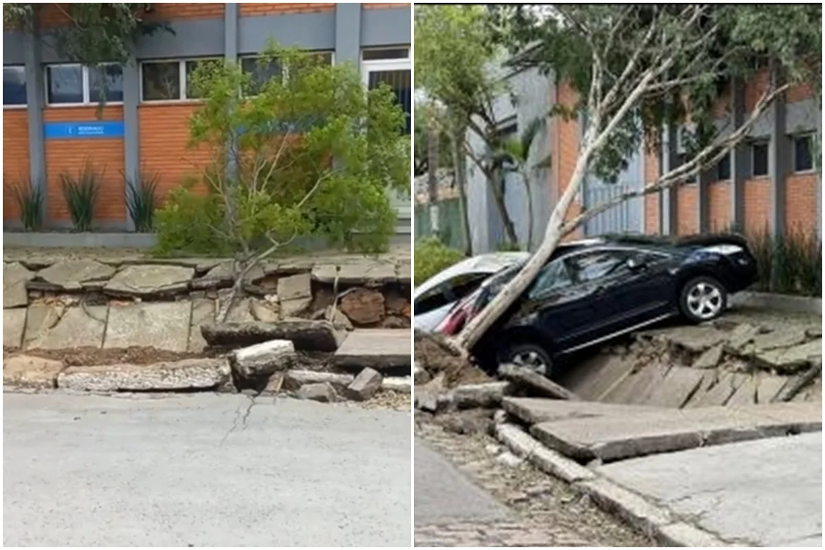 Calçada colapsa e engle três carros em Porto Alegre - Metrópoles
