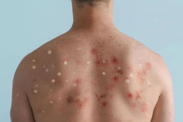 Imagem colorida de feridas de mpox nas costas de uma pessoa