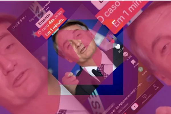 Captura de tela de vídeo criado com IA em que Bolsonaro diz que esquema de joias foi inventado, com cama identificando o conteúdo como falso. - Metrópoles