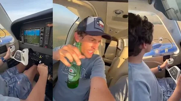 Imagem colorida de homem vitima de queda de avião tomando cerveja enquanto o filho de 12 anos pilota - Metrópoles