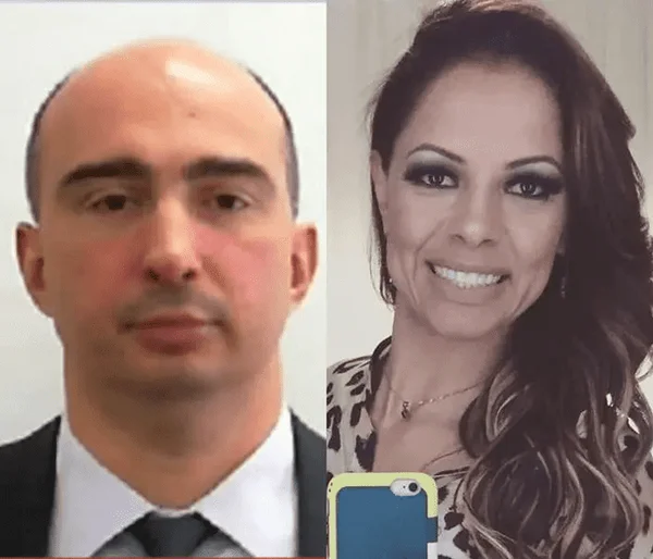 Montagem colorida de fotos, com o delegado Erick Busseti à esquerda e sua esposa Maritza, a quem ele é acusado de matar, na direita