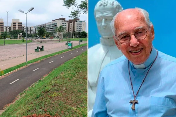 Montagem colorida da foto de um parque no Sudoeste ao lado da foto de um padre - Metrópoles