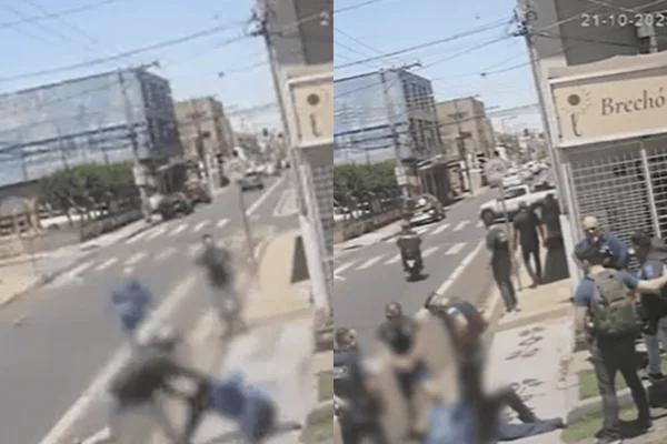 Imagem colorida de um homem que tentou roubar uma idosa sendo detido por populares - Metrópoles