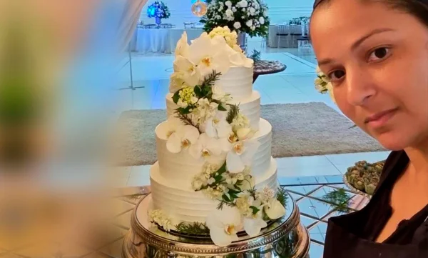 Imagem colorida de mulher e bolo de casamento