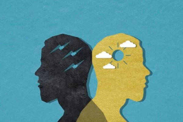 Ilustração colorida de duas versões do mesmo homem em estados de espírito opostos - Psicóloga explica por que ouvir opiniões diferentes causa desconforto - Metrópoles.