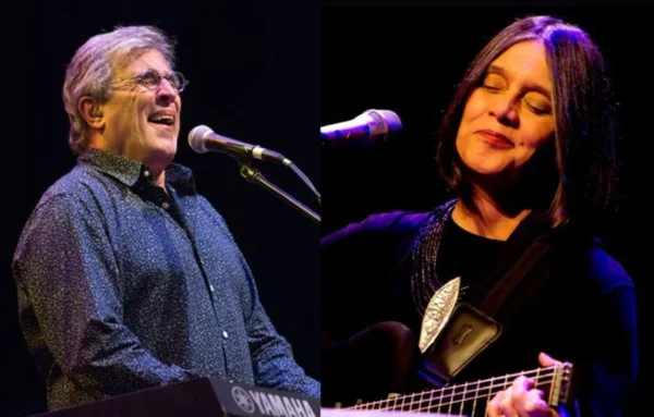 Montagem com fotografias coloridas de Ivan Lins e Joyce Moreno