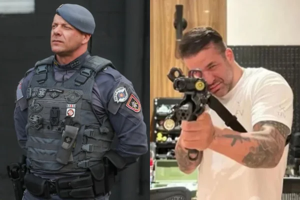 Imagem colorida de montagem de PM do lado esquerdo e de Thiago Brennand do lado direito. Metrópoles