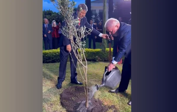Em imagem colorida, o presidente Luiz Inácio Lula da Silva planta oliveira no jardim da embaixada da Palestina em Brasília