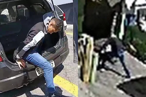 Esquerda, homem de cabelos curtos desembarca de viatura, com as mãos para trás. Do lado direito, reprodução colorida de homem se preparando para golpear vítima - Metrópoles