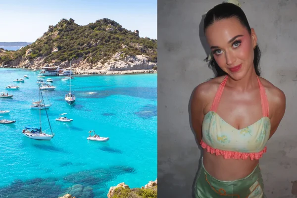 Montagem com foto da ilha de sardenha com mar azul e barcos e uma foto de Katy Perry