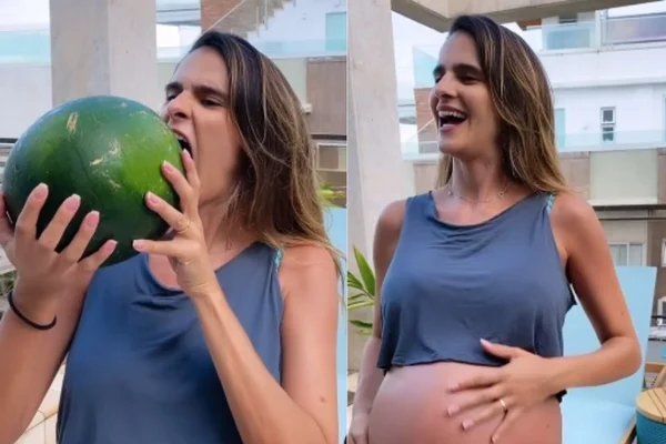 Grávida de gêmeas, Marcella Fogaça posa com melancia e se diverte