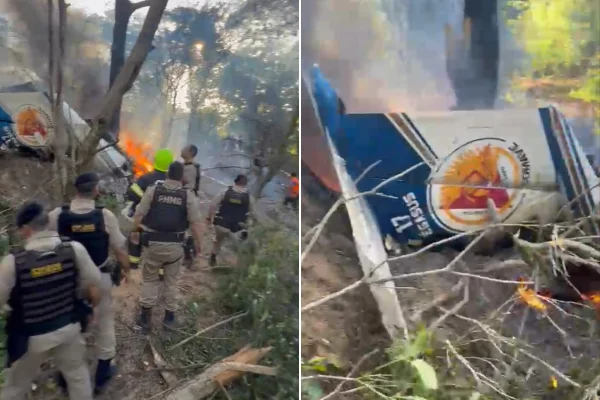 Destroços do avião da PM que caiu próximo a Ipatinga