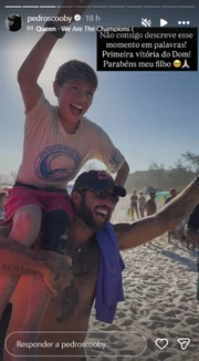 Pedro Scooby e Luana Piovani não esconderam o orgulho que sentiram de Dom, filho mais velho do ex-casal, após ele vencer um campeonato de surfe pela primeira vez na vida nesse domingo (26/4)