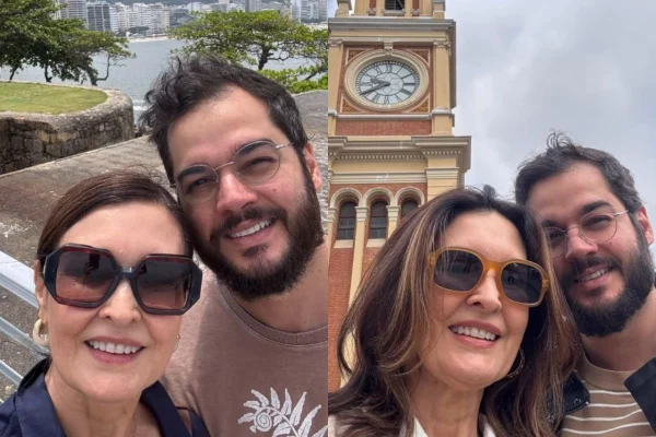 montagem colorida com fotos de Fátima Bernardes celebrando 8 anos de namoro