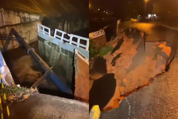 Durante a chuva dessa quarta-feira (6/11), uma parte da Avenida João Cernack, em Birigui, desmoronou. Trecho ficava ao lado de um córrego - Metrópoles