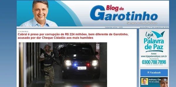 Blog oficial de Garotinho comemora a prisão de Sérgio Cabral
