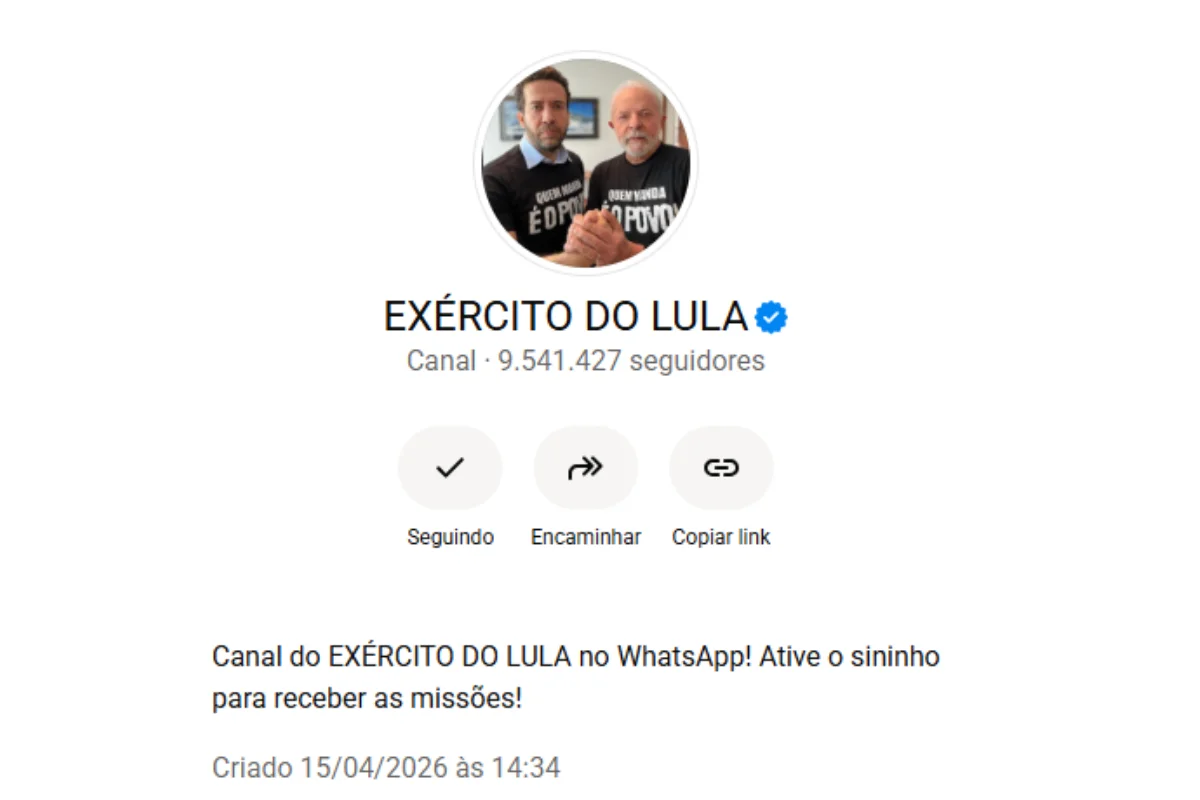 Canal de WhatsApp "Exército do Lula" soma 9,5 milhões de seguidores às 15h de sexta-feira (23/10) Canal de WhatsApp "Exército do Lula" soma 9,5 milhões de seguidores às 15h de sexta-feira (23/10)