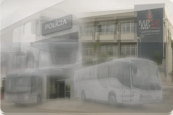 Arte gráfica de ônibus translucido sobre fachadas de dois imóveis de um andar cada - Metrópoles