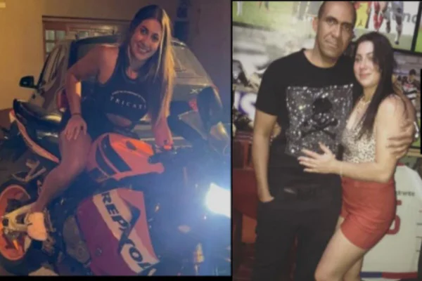 Colagem de duas fotos coloridas. A esquerda mulher sobre moto de luxo. A outra mostra ela abraçado com um homem, com roupas pretas - Metrópoles