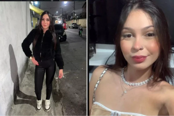 Montagem colorida com fotos de jovem morta pelo companheiro.