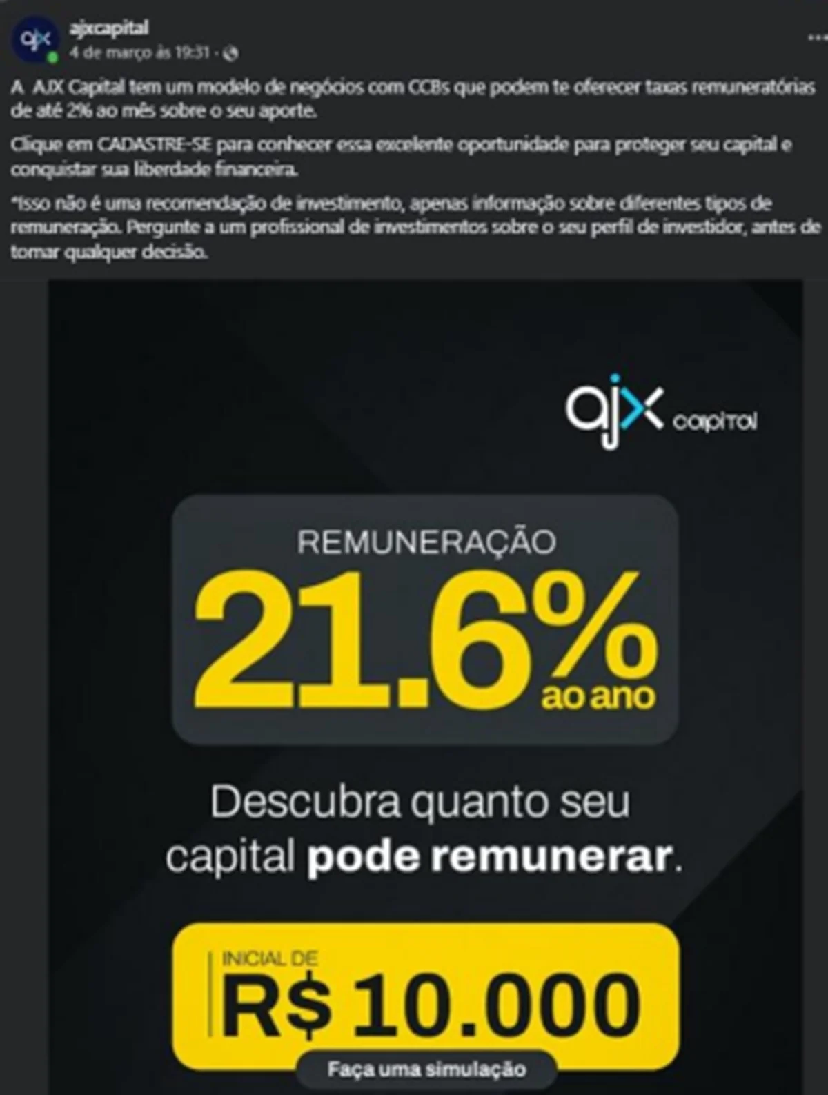 A empresa, que se apresenta com uma fintech, promete ganhos altos A empresa, que se apresenta com uma fintech, promete ganhos altos