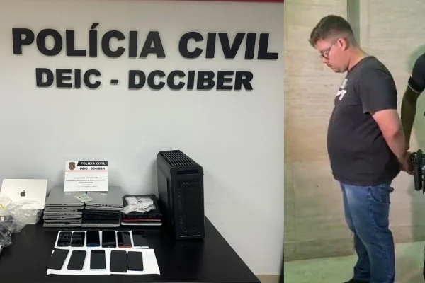 Imagem colorida de parede de delegacia, com Polícia Civil escrito. Sobre mesa, celulares e computadores. Na lateral, homem algemado, de lado, com cabeça baixa - Metrópoles