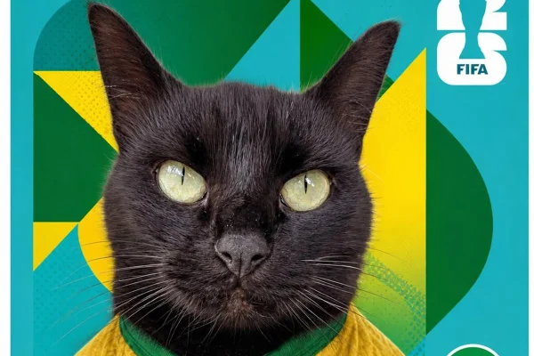 Milu, o gato vidente, como figurinha da Copa do Mundo 2026 em foto feita de IA - Metrópoles