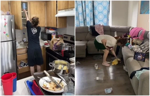 Na imagem, uma montagem com duas fotos de uma mulher em uma casa bagunçada - Metrópoles