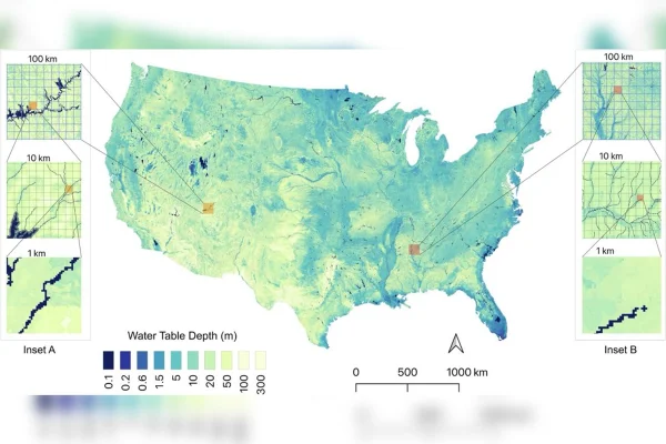 Ilustração colorida de mapa mostrando quantidade de água subterrânea na América do Norte - Metrópoles