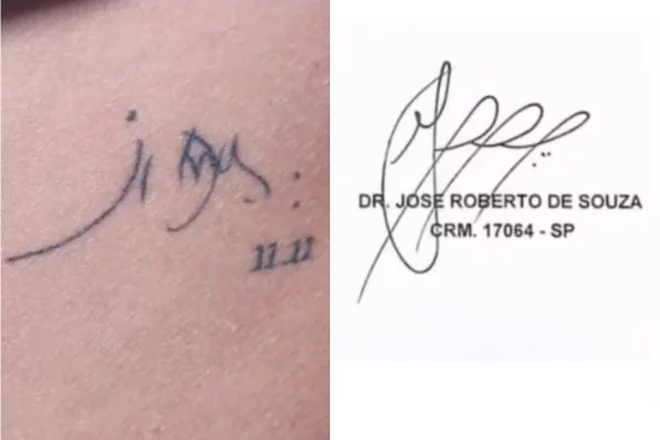 Imagem colorida mostra tatuagem com assinatura de médico feita pela filha do profissional e, ao lado, uma assinatura falsa do mesmo profissional usada em documento fraudulento publicado por Pablo Marçal - Metrópoles