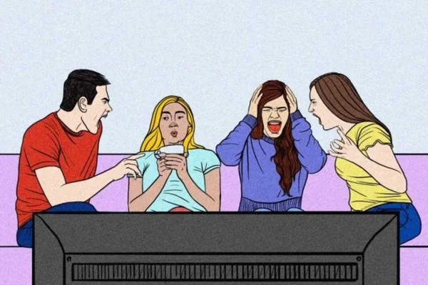 arte colorida com quatro pessoas brigando sentadas no sofá