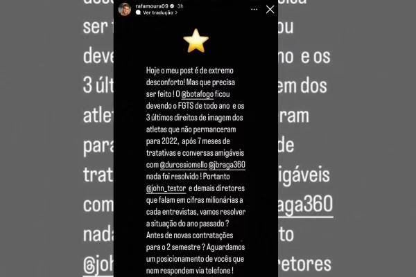 Rafael Moura cobra dívidas trabalhistas do Botafogo nas redes sociais