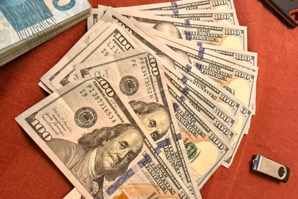 Imagem colorida de dólar apreendido. Metrópoles
