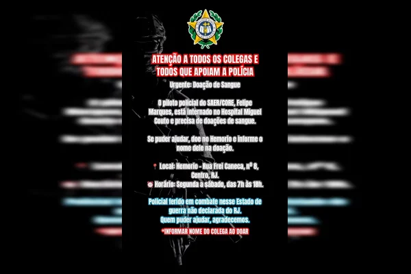 Baleado na testa em operação no RJ, piloto precisa de doação de sangue