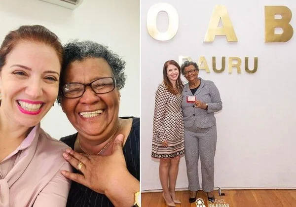 Marina (à direita em ambas as fotos justapostas) era empregada doméstica e se tornou advogada aos 64 anos. Nas imagens ela sorri, tirando foto com outra mulher, e mostra (direita) sua carteirinha da Ordem dos Advogados do Brasil (OAB) - Metrópoles