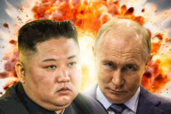 Imagem colorida mostra Kim Jong-un e Vladimir Putin - Metrópoles