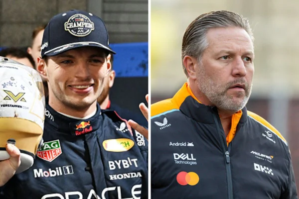 Imagem colorida de Max Verstappen e Zak Brown - Metrópoles