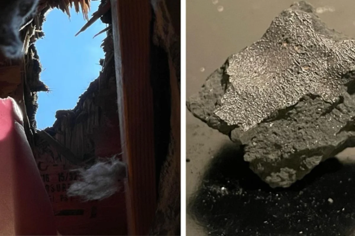 Um fragmento de meteorito (à direita) que caiu no telhado de uma casa em Nova Jersey em julho de 2024 (à esquerda) contém vários ingredientes essenciais para a vida Um fragmento de meteorito (à direita) que caiu no telhado de uma casa em Nova Jersey em julho de 2024 (à esquerda) contém vários ingredientes essenciais para a vida