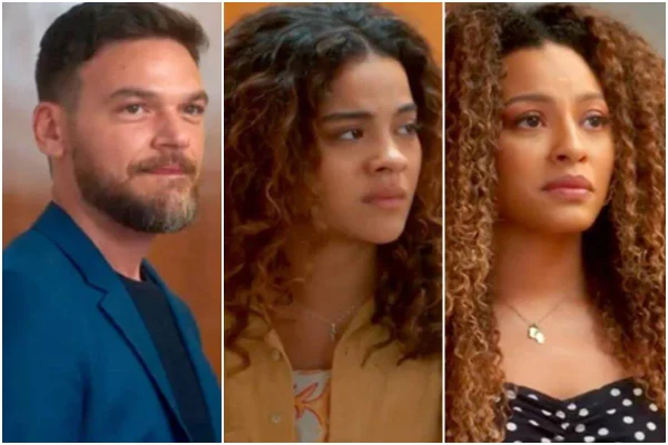 Montagem colorida de (da esquerda para à direita) Theo (Emílio Dantas), Jenifer (Bella Campos) e Sol (Sheron Menezzes), personagens da novela Vai na Fé - Metrópoles