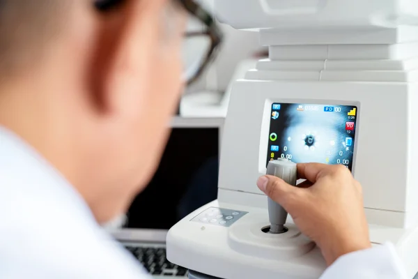 Imagem mostra oftalmologista olhando máquina que faz exame nos olhos - Metrópoles