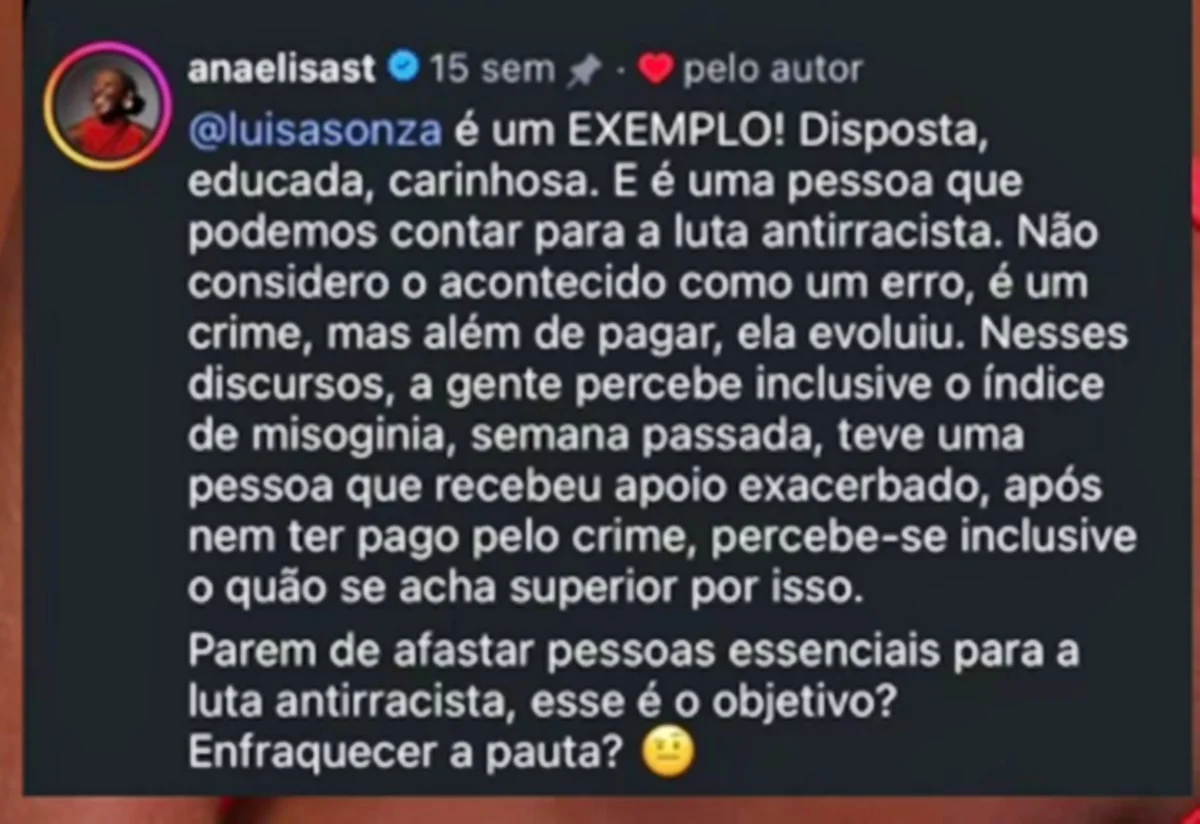 Internautas resgatam comentário de Ana Elisa defendendo Luísa Sonza Internautas resgatam comentário de Ana Elisa defendendo Luísa Sonza